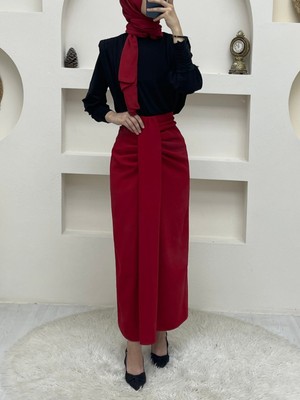 Moda Morfo Önü Drapeli Pileli Etek -Kırmızı