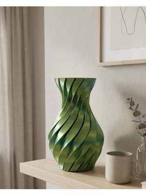 Pileli Store Yeşil Spiral 3D Baskı Vazo Estetik Modern Ev Ofis Dekoru
