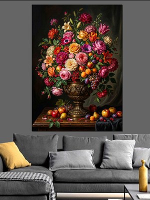 Karizma Tablo Vazoda Ihtişamlı Karışık Renkli Çiçekler Dekoratif Kanvas - Mdf Ahşap Tablo