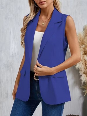 Pileli Store Pilelistore- Kadın Kolsuz Yakalı Önden Tek Düğmeli Atlas Ceket