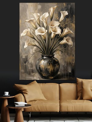 Karizma Tablo Siyah Vazoda Beyaz Lilyum Çiçekleri Dekoratif Kanvas - Mdf Ahşap Tablo