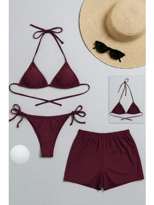 Pileli Store Pilelistore Kadın 3'lü Set Bordo Şortlu ve Yandan Bağlamalı Bikini Mayo Takımı