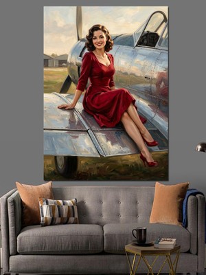 Karizma Tablo Uçak Kanadında Oturan Şık Kadın Dekoratif Kanvas - Mdf Ahşap Tablo