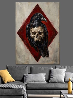 Karizma Tablo Karo Içinde Kurukafa ve Kuzgun Dekoratif Kanvas - Mdf Ahşap Tablo