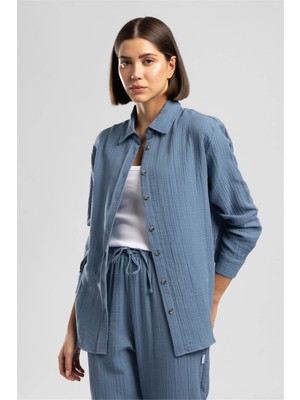 Lee Cooper Darby Kadın %100 Pamuk Uzun Kol Gömlek Mavi