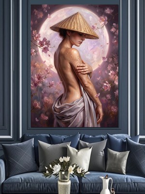 Karizma Tablo Ay Işığında Şapkalı Nü Kadın Dekoratif Kanvas - Mdf Ahşap Tablo