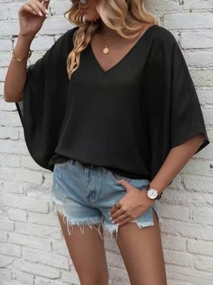 Pileli Store Pilelistore- Kadın Kısa Kollu V Yakalı Salaş Viskon Bluz