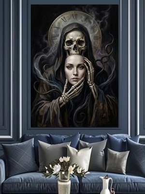 Karizma Tablo Peçeli Kadın ve Ölüm Figürü Dekoratif Kanvas - Mdf Ahşap Tablo