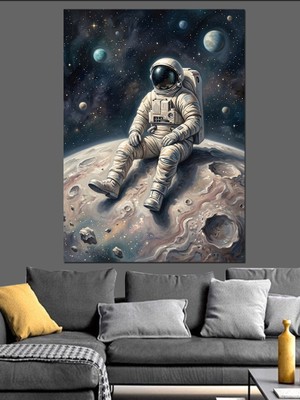 Karizma Tablo Ay Yüzeyinde Oturan Yalnız Astronot Dekoratif Kanvas - Mdf Ahşap Tablo