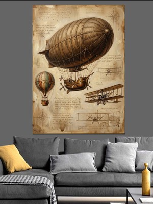 Karizma Tablo Nostaljik Zeplin ve Uçan Balon Dekoratif Kanvas - Mdf Ahşap Tablo