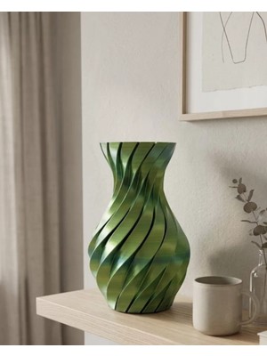 Pileli Store Yeşil Spiral 3D Baskı Vazo Estetik Modern Ev Ofis Dekoru