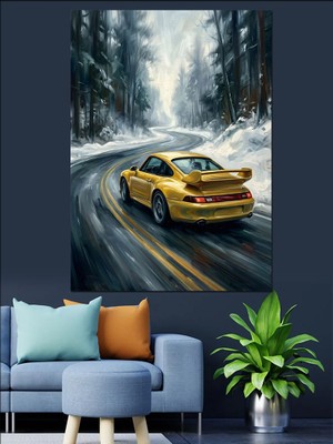 Karizma Tablo Karlı Yolda Ilerleyen Sarı Araba Dekoratif Kanvas - Mdf Ahşap Tablo