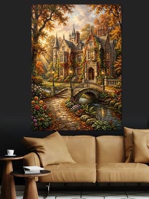 Karizma Tablo Taş Köprülü Masalsı Şato Bahçesi Dekoratif Kanvas - Mdf Ahşap Tablo