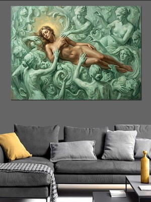 Karizma Tablo Yeşil Heykeller Arasında Kadın Figürü Dekoratif Kanvas - Mdf Ahşap Tablo