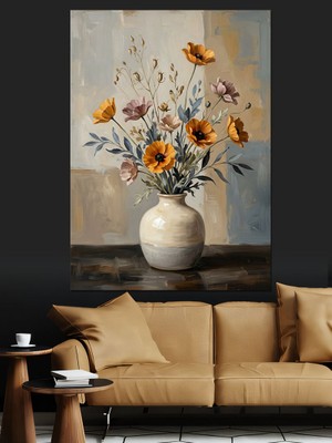 Karizma Tablo Beyaz Vazoda Sarı Kır Çiçekleri Dekoratif Kanvas - Mdf Ahşap Tablo