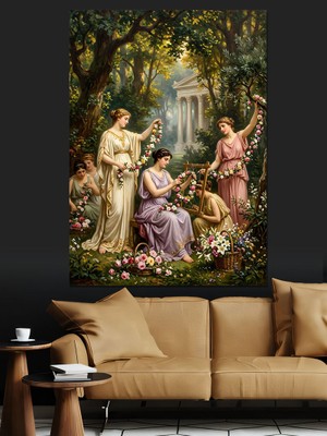 Karizma Tablo Bahçede Klasik Elbiseli Üç Kadın Dekoratif Kanvas - Mdf Ahşap Tablo