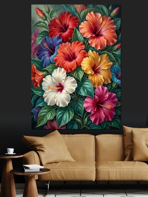 Karizma Tablo Rengarenk Tropikal Hibiskus Çiçekleri Dekoratif Kanvas - Mdf Ahşap Tablo