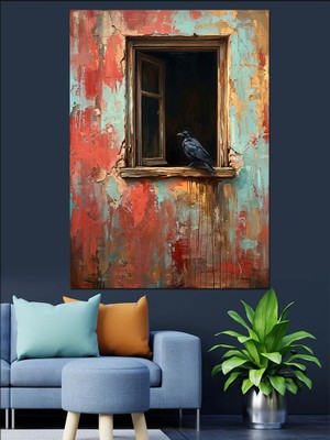 Karizma Tablo Pencere Kenarında Duran Siyah Kuzgun Dekoratif Kanvas - Mdf Ahşap Tablo