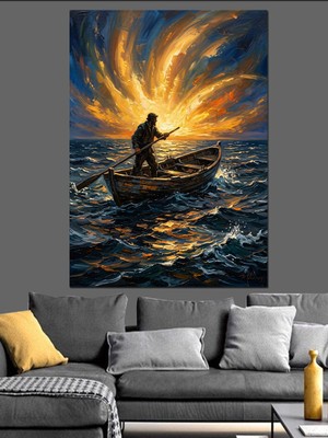 Karizma Tablo Gün Batımında Kayıktaki Balıkçı Silueti Dekoratif Kanvas - Mdf Ahşap Tablo