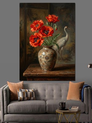 Karizma Tablo Vazoda Kırmızı Gelincikler Natürmort Sanatı Dekoratif Kanvas - Mdf Ahşap Tablo