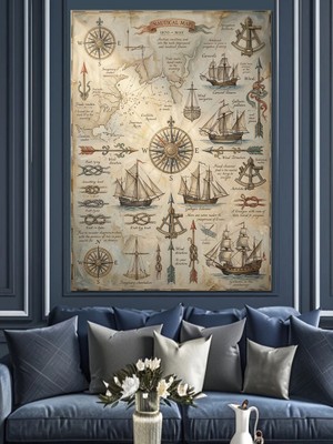 Karizma Tablo Antik Denizcilik ve Keşif Haritası Dekoratif Kanvas - Mdf Ahşap Tablo