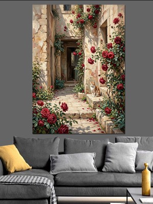 Karizma Tablo Dar Sokakta Çiçekli Eski Evler Dekoratif Kanvas - Mdf Ahşap Tablo