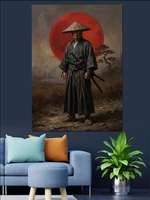 Karizma Tablo Kırmızı Güneş Önünde Samuray Savaşçısı Dekoratif Kanvas - Mdf Ahşap Tablo