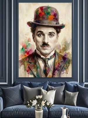 Karizma Tablo Charlie Chaplin Sanatsal Renkli Portresi Dekoratif Kanvas - Mdf Ahşap Tablo