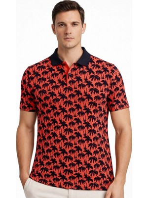Pileli Store Erkek Pike Kumaş Polo Yaka Palmiye Desenli Tişört Kısa Kol Yazlık T-Shirt - Kırmızı