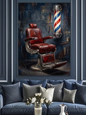 Karizma Tablo Nostaljik Berber Koltuğu ve Tabelası Dekoratif Kanvas - Mdf Ahşap Tablo