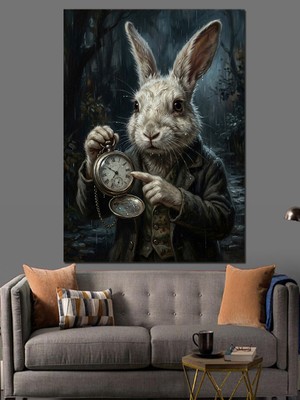 Karizma Tablo Cep Saati Tutan Tavşan Portresi Dekoratif Kanvas - Mdf Ahşap Tablo
