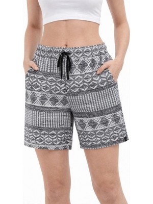 Pileli Store Kadın Etnik Desenli Dokuma Şort Lastikli Bel Bağcıklı Cepli Yazlık - Gri