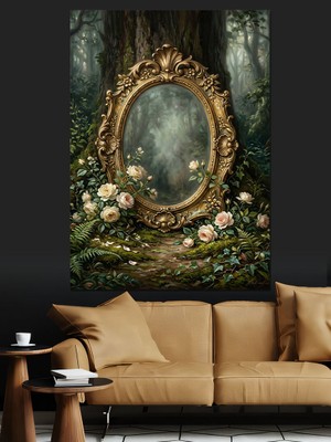 Karizma Tablo Güllerle Çevrili Antik Altın Ayna Dekoratif Kanvas - Mdf Ahşap Tablo