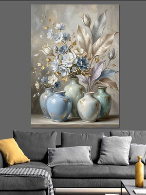 Karizma Tablo Mavi Vazoda Bahar Çiçekleri Buketi Dekoratif Kanvas - Mdf Ahşap Tablo