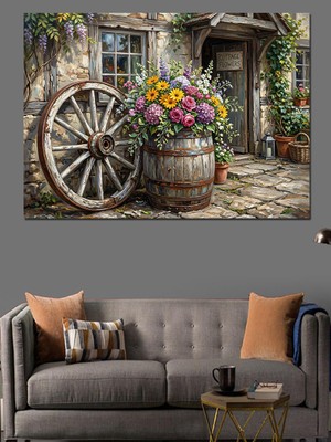 Karizma Tablo Çiçekli Köy Evi Kapı Girişi Dekoratif Kanvas - Mdf Ahşap Tablo