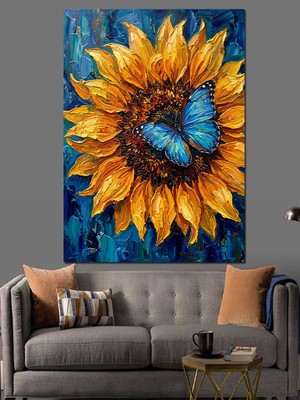 Karizma Tablo Ayçiçeği Üzerinde Mavi Kelebek Tablosu Dekoratif Kanvas - Mdf Ahşap Tablo