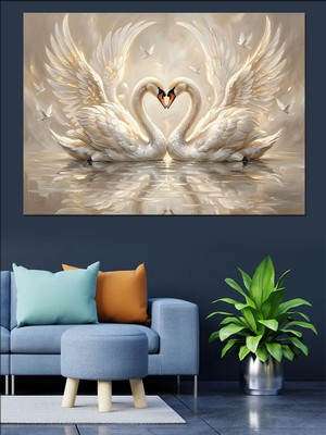 Karizma Tablo Kalp Şekli Oluşturan Beyaz Kuğular Dekoratif Kanvas - Mdf Ahşap Tablo