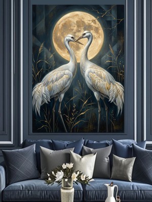 Karizma Tablo Ay Işığında Birbirine Bakan Kuğular Dekoratif Kanvas - Mdf Ahşap Tablo