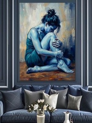 Karizma Tablo Dizlerini Karşılamış Hüzünlü Kadın Portresi Dekoratif Kanvas - Mdf Ahşap Tablo