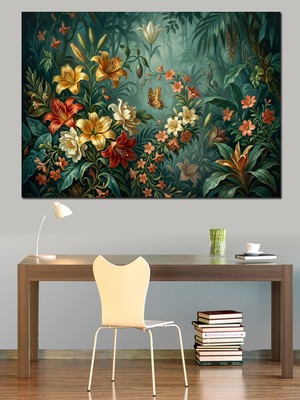 Karizma Tablo Egzotik Çiçekler ve Uçan Kelebekler Dekoratif Kanvas - Mdf Ahşap Tablo