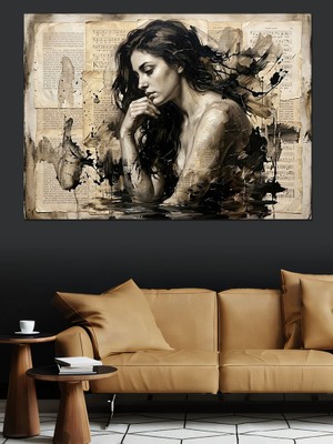 Karizma Tablo Gazete Kağıdı Üzerinde Düşünen Kadın Dekoratif Kanvas - Mdf Ahşap Tablo