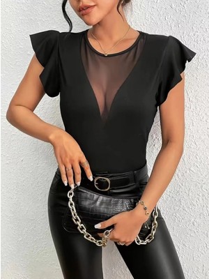 Pileli Store Pilelistore- Kadın Kısa Fırfırlı Kol Yuvarlak Yakalı Transparan Detaylı Viskon Bluz