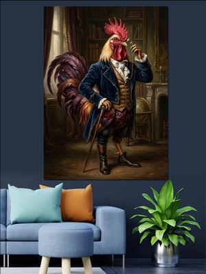 Karizma Tablo Aristokrat Kıyafetli Horoz Portresi Dekoratif Kanvas - Mdf Ahşap Tablo