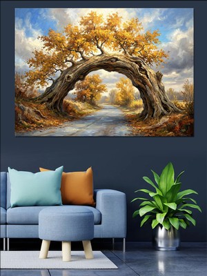 Karizma Tablo Sonbaharda Altın Rengi Ağaç Köprüsü Dekoratif Kanvas - Mdf Ahşap Tablo