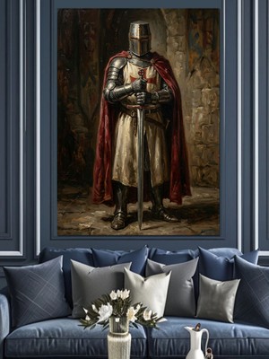 Karizma Tablo Zırhlı ve Pelerinli Ortaçağ Şövalyesi Dekoratif Kanvas - Mdf Ahşap Tablo
