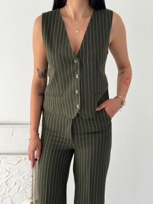 Pileli Store Pilelistore- Çizgili Tansel Kumaş Yelek Pantolon Ikili Takım Ofis Şık Modern - Haki