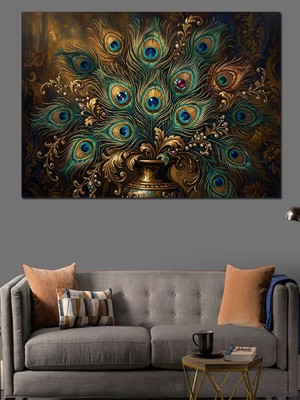 Karizma Tablo Altın ve Mavi Tavuskuşu Tüyleri Dekoratif Kanvas - Mdf Ahşap Tablo