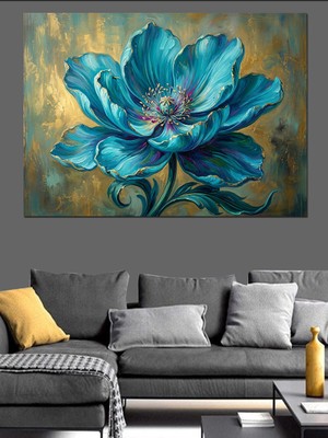 Karizma Tablo Turkuaz Mavi Büyük Çiçek Sanatı Dekoratif Kanvas - Mdf Ahşap Tablo