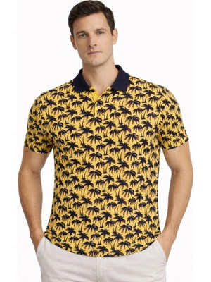 Pileli Store Erkek Pike Kumaş Polo Yaka Palmiye Desenli Tişört Kısa Kol Yazlık T-Shirt - Sarı