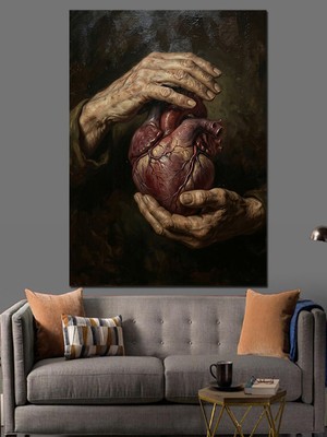 Karizma Tablo Elleriyle Kalp Tutan Insan Figürü Dekoratif Kanvas - Mdf Ahşap Tablo